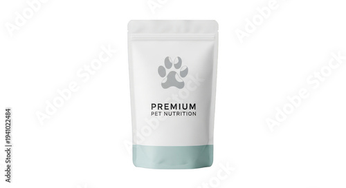 Premium pet food packaging with paw print logo on transparent background