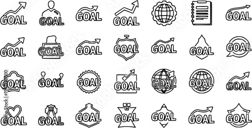 Business Goal Icons Vector Line Art Set. Black and White Outline Symbols for Strategy, Achievement, Motivation, and Personal Development Success.