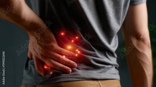 Man experiencing lower back pain with glowing red pain indicator