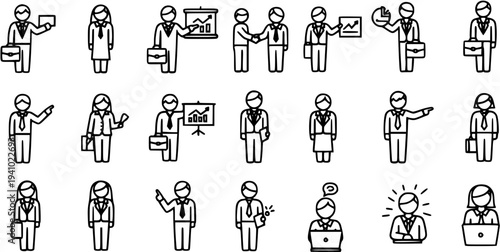 Business Icons: Diverse Professionals in Line Art Style, Perfect for Corporate and Finance Themes