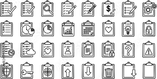 Clipboard Icon Set: Black and White Line Art for Business and Management Tasks
