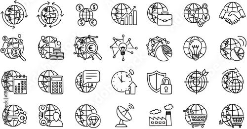 Global business finance icons set: line art depicting international economy, finance, and technology symbols
