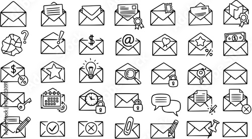 Hand-drawn Black and White Line Art Icons of Envelopes and Email Symbols for Communication