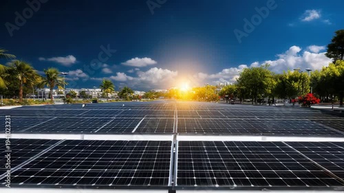 Solar panels generating clean energy under vibrant sunny sky with palm trees