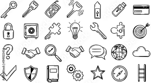 Hand-drawn Business, Technology, and Security Concept Icons Set. Black and White Sketchy Line Art Symbols for Ideas, Communication, Strategy, and Solutions.