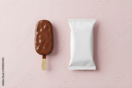 Chocolate Ice Cream Bar With Blank White Wrapper Packaging Mockup On Pink Background Minimal Commercial Product Photography