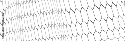 Fishing or soccer net. Repeated hexagon pattern. Black wired mesh texture isolated on white background. Metallic or fabric fence, cage or lattice structure. Vector graphic Illustration.