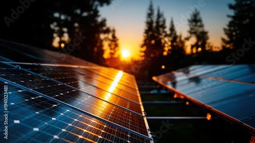 Solar panels generating clean energy at sunset in forest