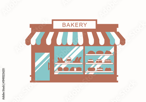 A brown bakery building with a striped awning and a door Inside pastries are visible on shelves BAKERY is on a sign