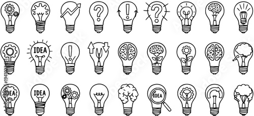 Black and white line art icons of lightbulbs symbolizing ideas and innovation