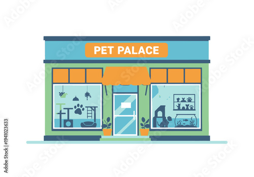A cartoon pet shop facade with display windows an awning and the words PET PALACE