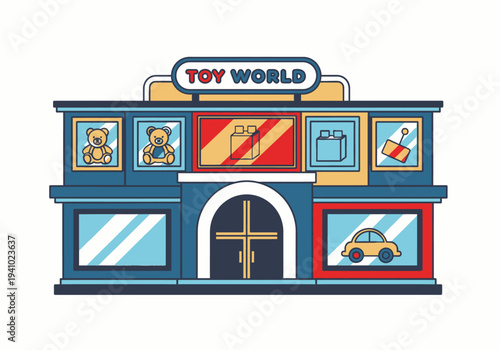 A cartoon building labeled TOY WORLD with windows displaying toys bears bricks and a car