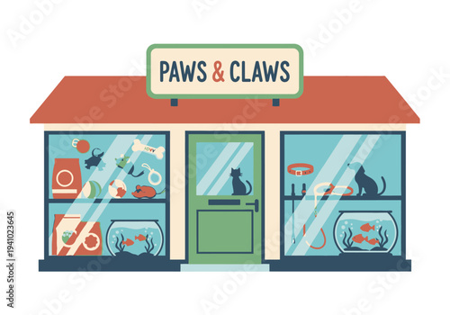 A cartoon pet store named Paws  Claws The building features windows showcasing pet supplies fish tanks and silhouetted animals