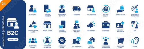B2C icon collection featuring retail store, delivery, customer, direct sales and b2c business symbols. Solid vector icons.