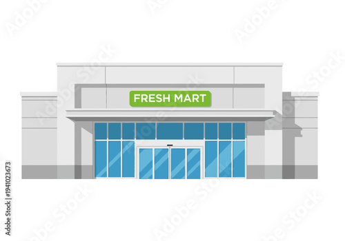 A cartoonstyle grocery store facade Features a green FRESH MART sign large blue glass doors The building is light gray