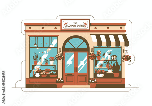 A cartoonish floral shop with lightbrown walls teal windows and various potted flowers Theres a sign that says The Bloomin Corner