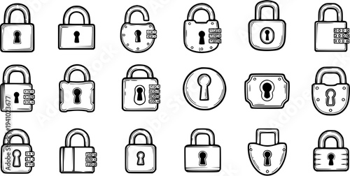 Security Locks and Keyholes Black and White Line Art Vector Icons. Hand-drawn Outline Padlocks and Combination Locks for Safety, Privacy, and Access Control.