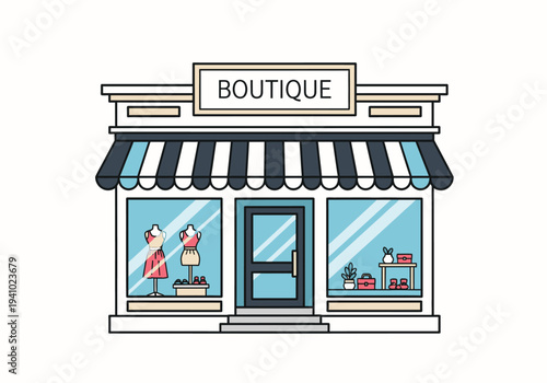 A cartoonstyle boutique features a striped awning storefront windows displaying merchandise and a sign that reads BOUTIQUE