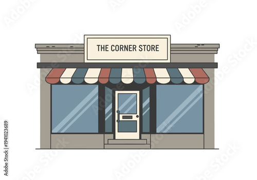 A cartoonish building labeled THE CORNER STORE has a striped awning above the glass windows and door