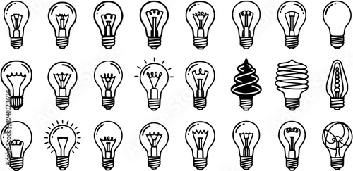 Energy, Technology  Innovation Lightbulbs Vector Icons Set. Black and White Line Art Outline Doodle Collection of Ideas, Electricity  Illumination.