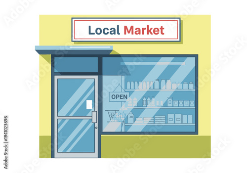 A cartoonstyle storefront with a blue door large windows displaying product shelves and an OPEN sign