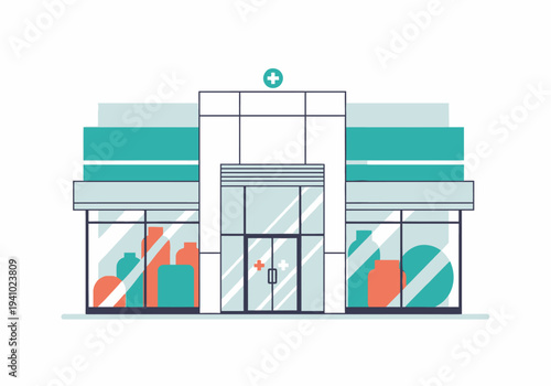 A pharmacy illustration with large windows glass doors and cross symbols Colorful bottles are visible