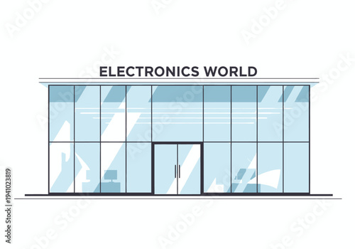 A rectangular building with a glass facade labeled ELECTRONICS WORLD above the entrance