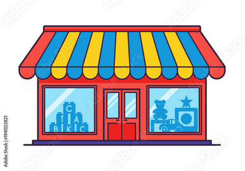 A red toy store has a striped awning with blue yellow and red colors The storefront has glass windows with toy displays
