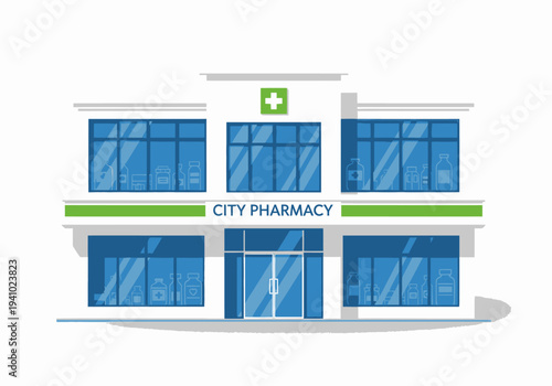 A pharmacy building illustration with green cross logo and City Pharmacy text Windows reflect bottles