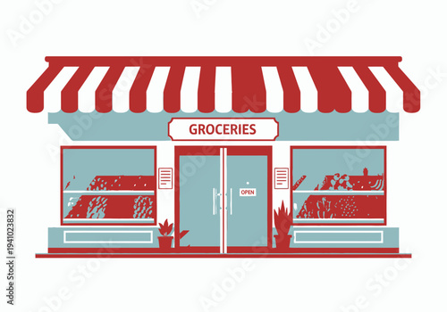 A redandwhite striped awning tops a blue building with GROCERIES above glass doors Two windows flank the doors displaying items