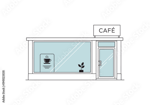 A small cafe with a window and a door The word CAFÉ is on the roof