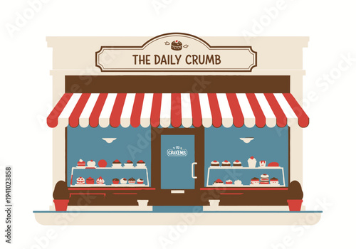 A storefront with a red and white striped awning The sign reads The Daily Crumb The window displays baked goods