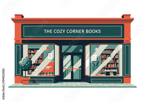 A stylized illustration of a bookstore facade The building has large windows displaying shelves of books A potted tree sits outside