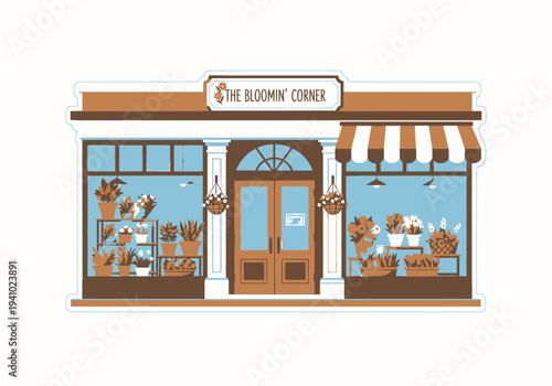 A stylized illustration of a flower shop featuring brown walls blue windows and a striped awning