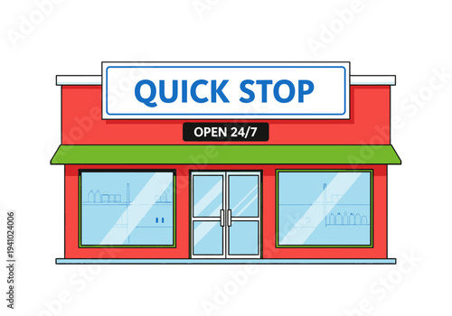 Cartoon illustration of a red Quick Stop convenience store with green awning and Open 247 sign Two glass doors