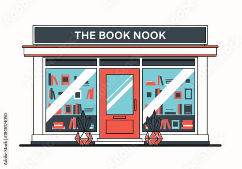 Illustration of a bookstore facade The shop is red and blue with large windows and a sign Two potted plants stand outside