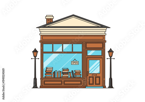 Illustration of a brown bookstore with a gable roof lampposts and OPEN sign Books are in the window
