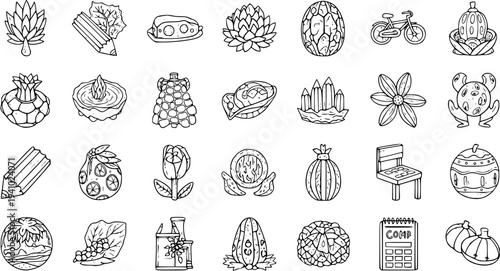 Black and White Line Art Icons of Various Objects - Nature, Food, Household, Technology, Transportation