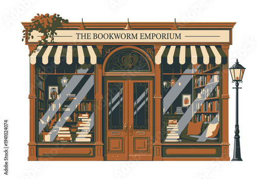 Illustration of a bookstore with striped awning glass windows and a lamppost