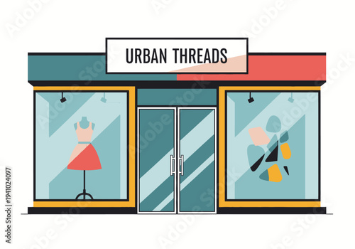Illustration of a store Sign Urban Threads Display windows dress on a stand abstract shapes