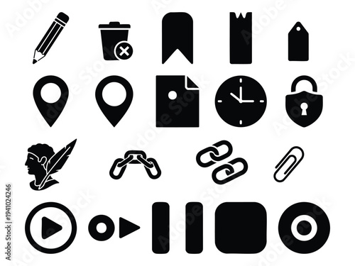 A collection of black silhouette icons representing various user interface and digital functions on a white background.