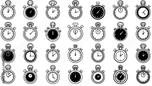 Black and White Line Art Stopwatch Icons, Classic Timer Collection, Time Management Symbol