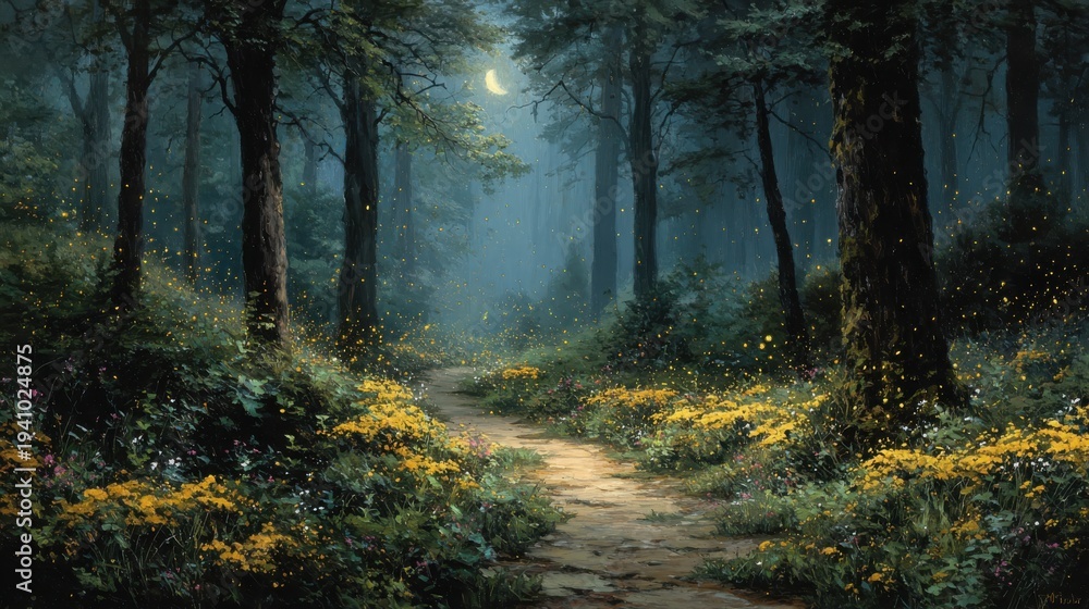 Fototapeta premium Enchanted Forest Path Under Moonlight with Flowers and Fireflies