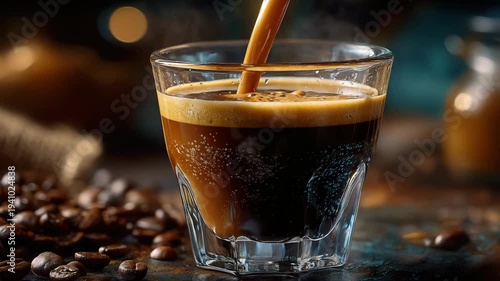 Rich espresso pouring into a clear glass cup with crema on top surrounded by coffee beans on a rustic table