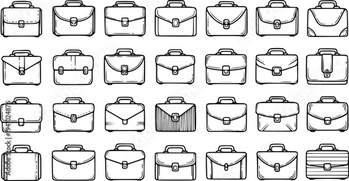 Set of Hand-drawn Business Briefcases Line Art Icons. Corporate, Finance, and Legal Professional Bags Collection in Monochrome Outline Style.