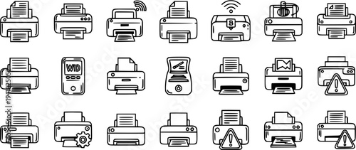 Technology and Office Printer Line Art Icons Set - Outline Symbols for Printing, Scanning, Faxing, and Maintenance on White Background