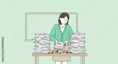 Overwhelmed teacher with stacks of paper, feeling stressed and overworked at desk