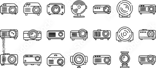 Technology Projector Line Art Icons Set. Outline Glyph Style Collection of Video and Data Projectors for Business, Education  Entertainment.