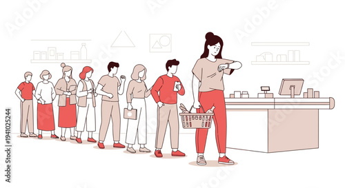 People queuing at supermarket checkout, waiting in line to pay for groceries