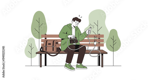 Photographer charging camera battery on park bench with vintage camera and bag